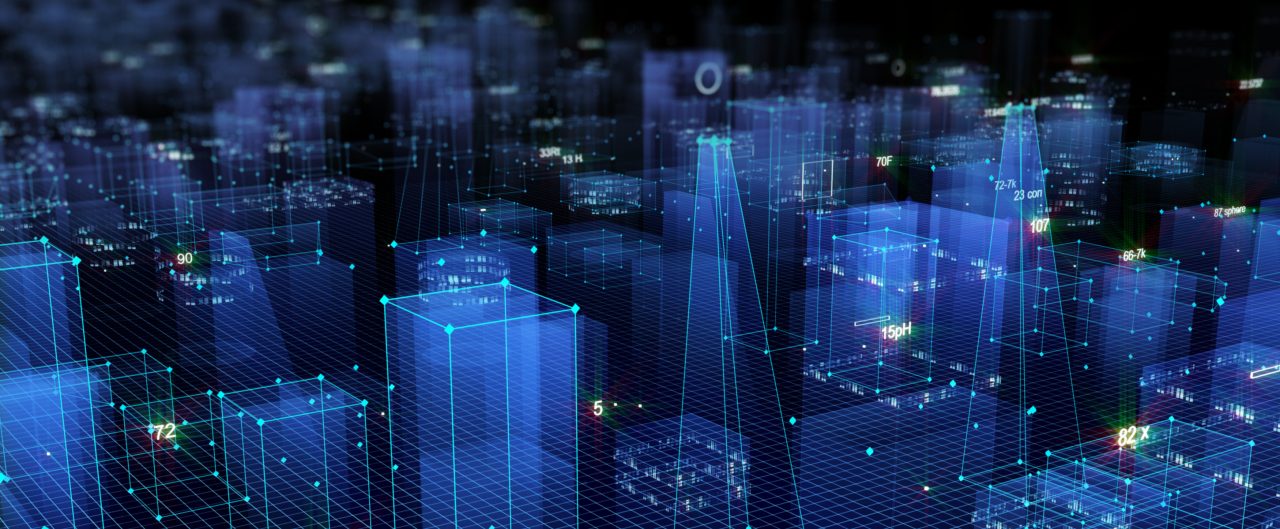 Futuristic 3D outline of city blocks/towers on a grid