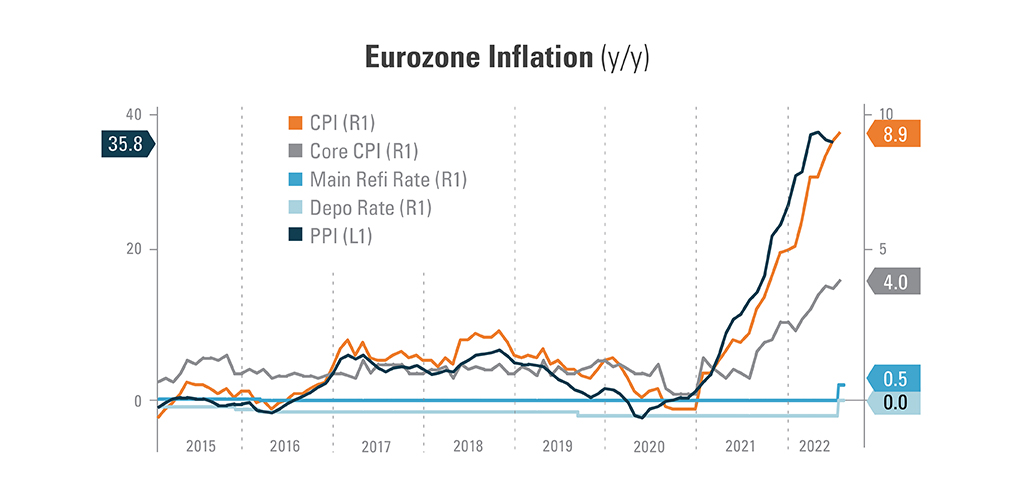 Chart explaining Eurozone inflation year-over-year from 2015 to 2022 comparing CPI (8.9), Core CPI (4.0), Main Refi Rate (0.5), Depo Rate (0.0), and RPI as of 6/30/2022 (35.8).