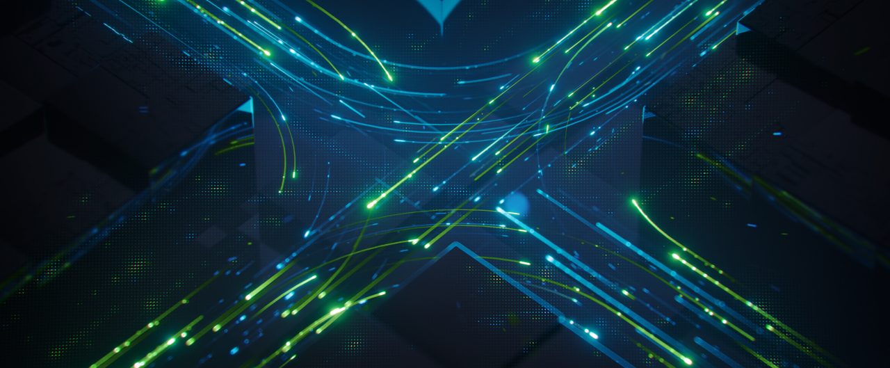 Transfer digital data. Blue and green glow light trails. 3D render illustration