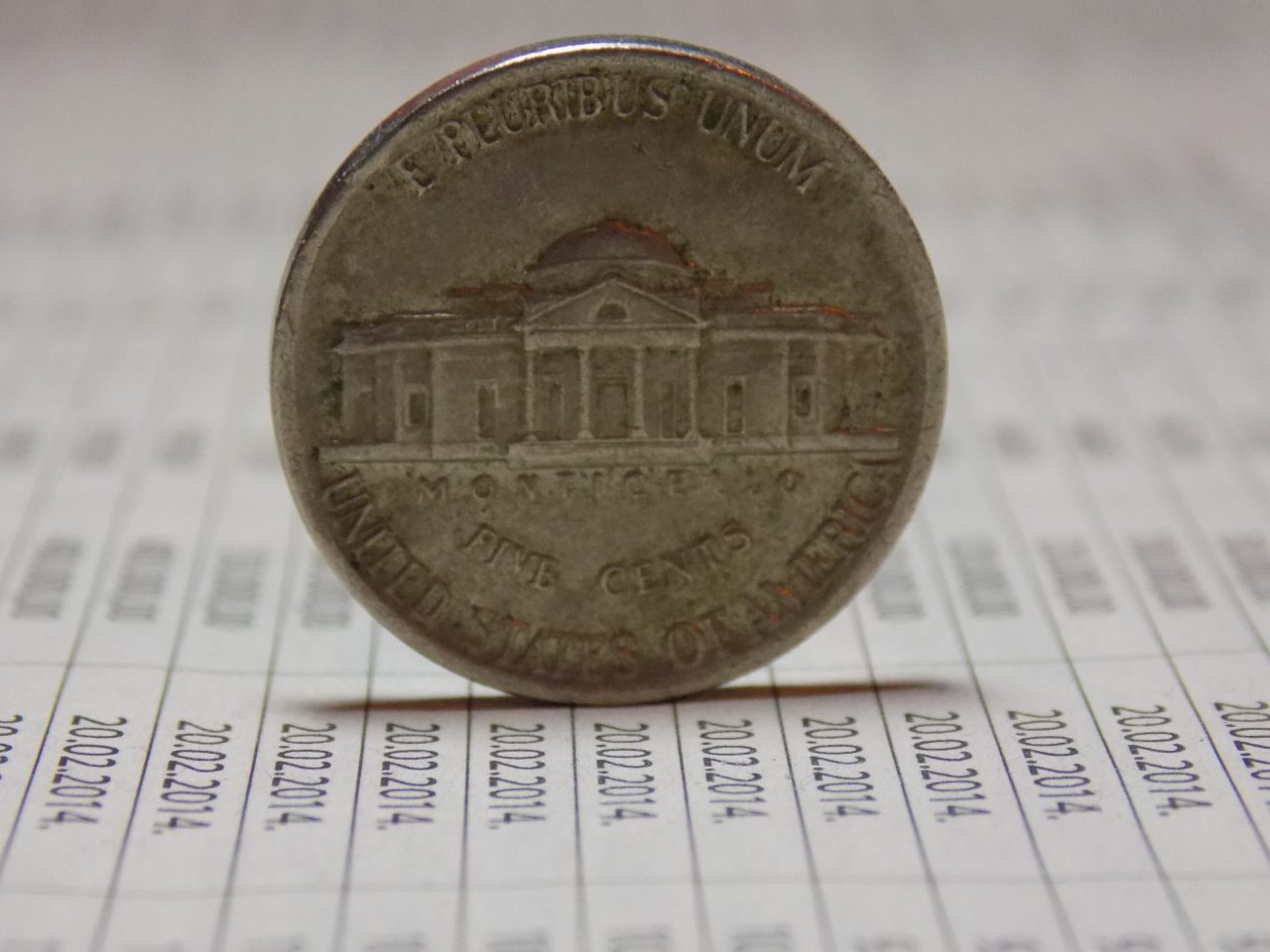 Five US cents coin on financial paper