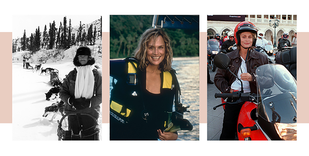 A collage of photos of Lauren Hutton dog-sledding, scuba diving, and on a vespa