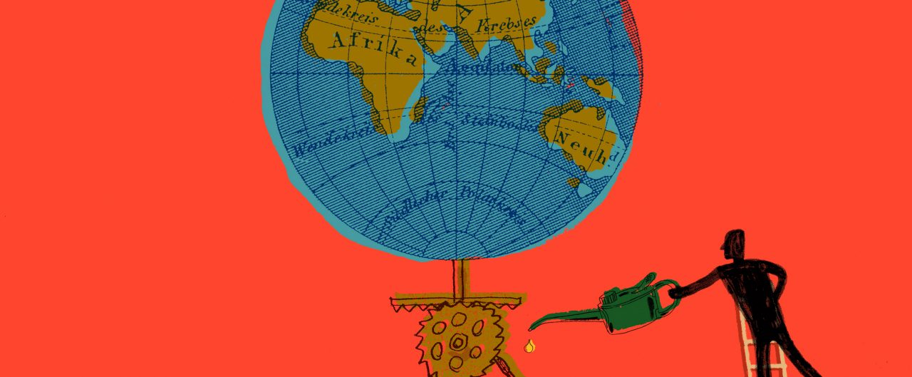 Illustration of a man on a ladder greasing a machine turning a globe of the earth