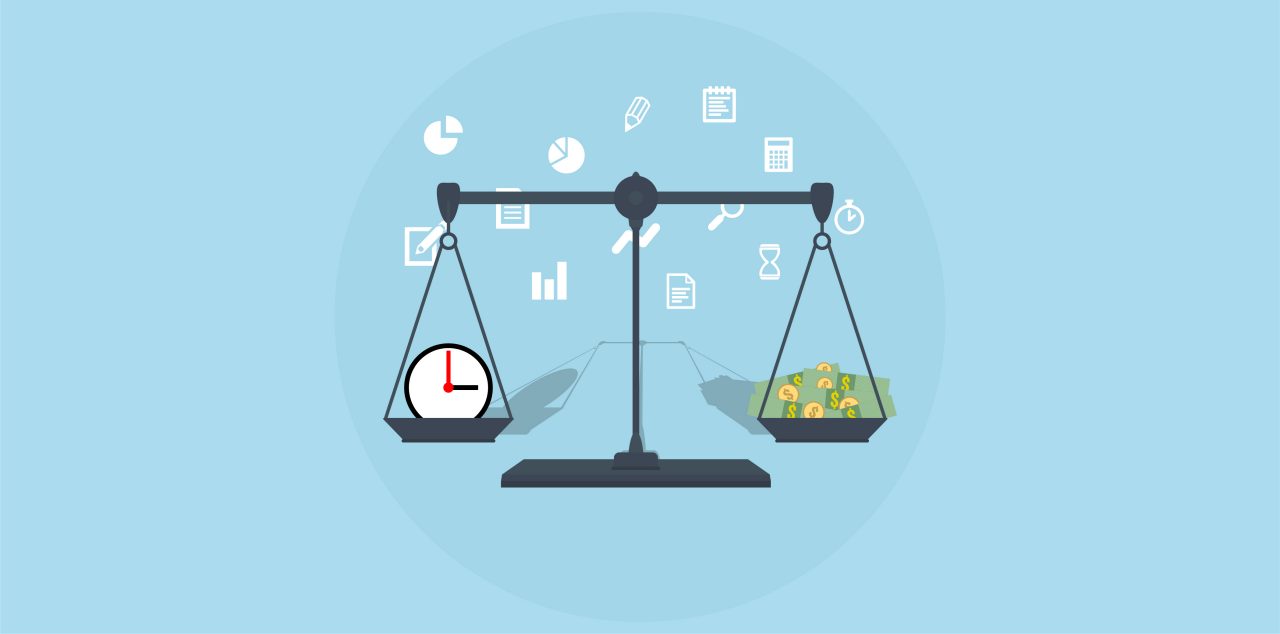 A scale weighing time vs. money with blue background