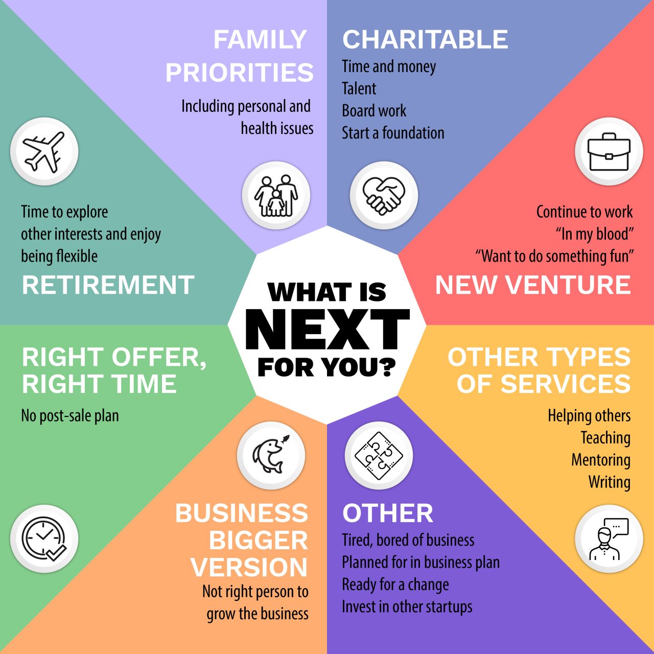 8 different opportunities after selling a business, such as family, retirement, new venture, service, charity, no-plan, sell-later, and other