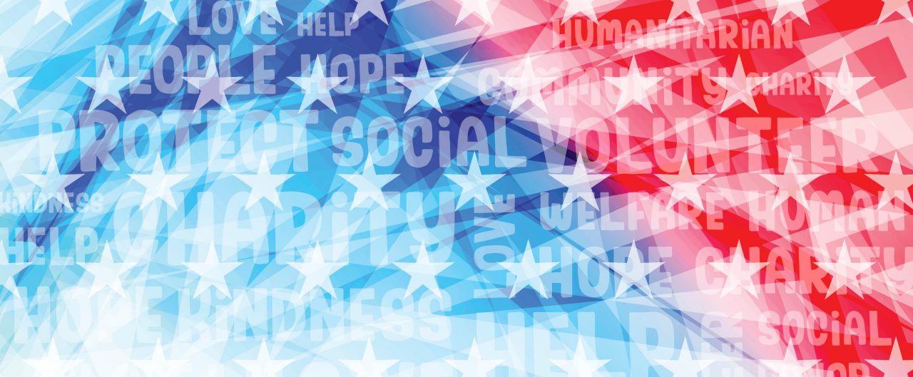 Red white and blue background with stars and the words "charity", "social", "protect", and "save"