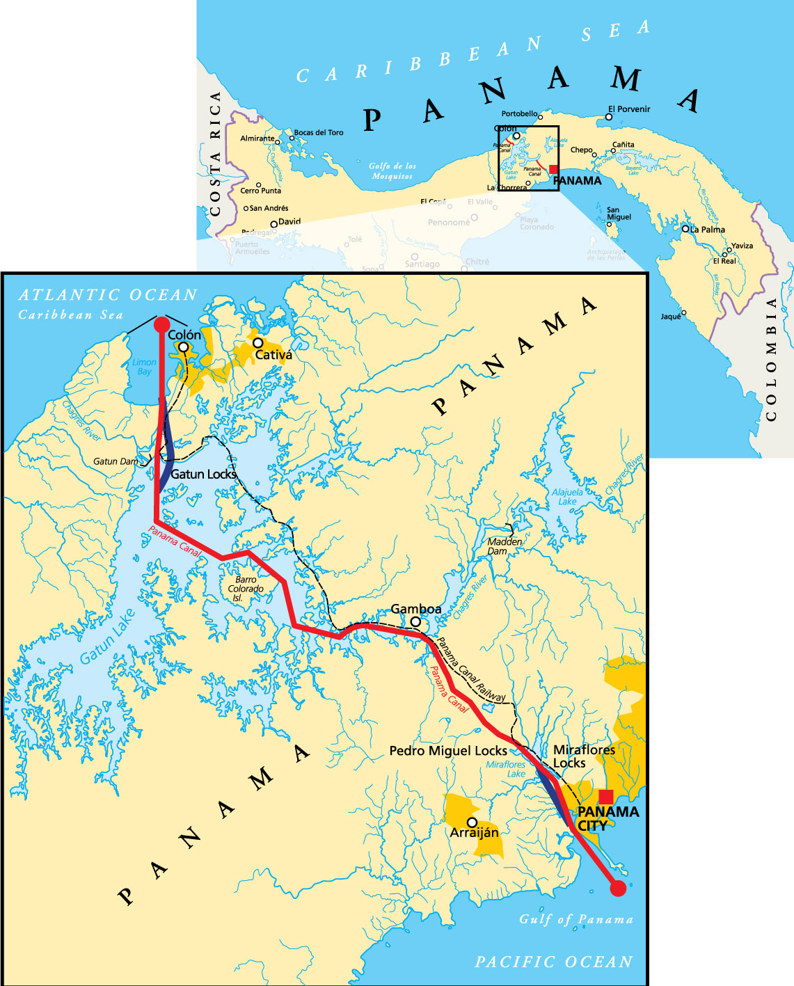 Map of Panama showing the Panama Canal route in red