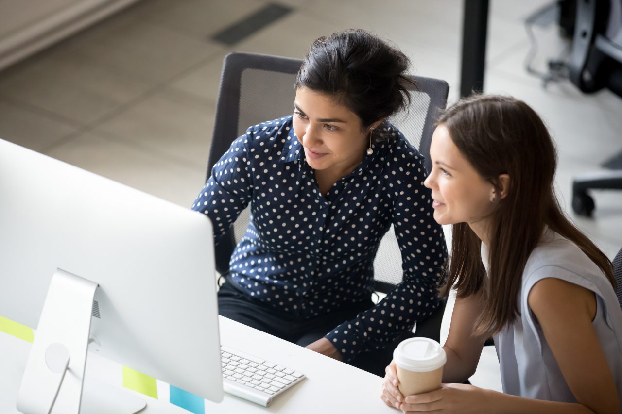 Two female employees sit behind a desk as they both look at one computer monitor