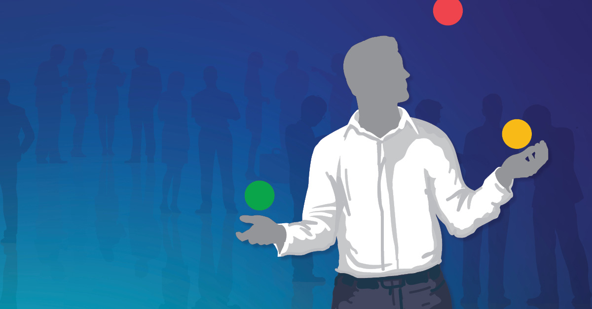 Male figure juggling three colored balls on gradient background