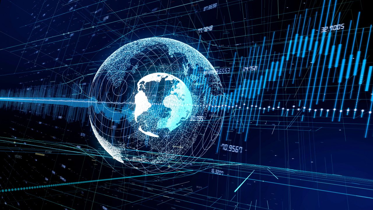 Blue globe with financial charts in the background