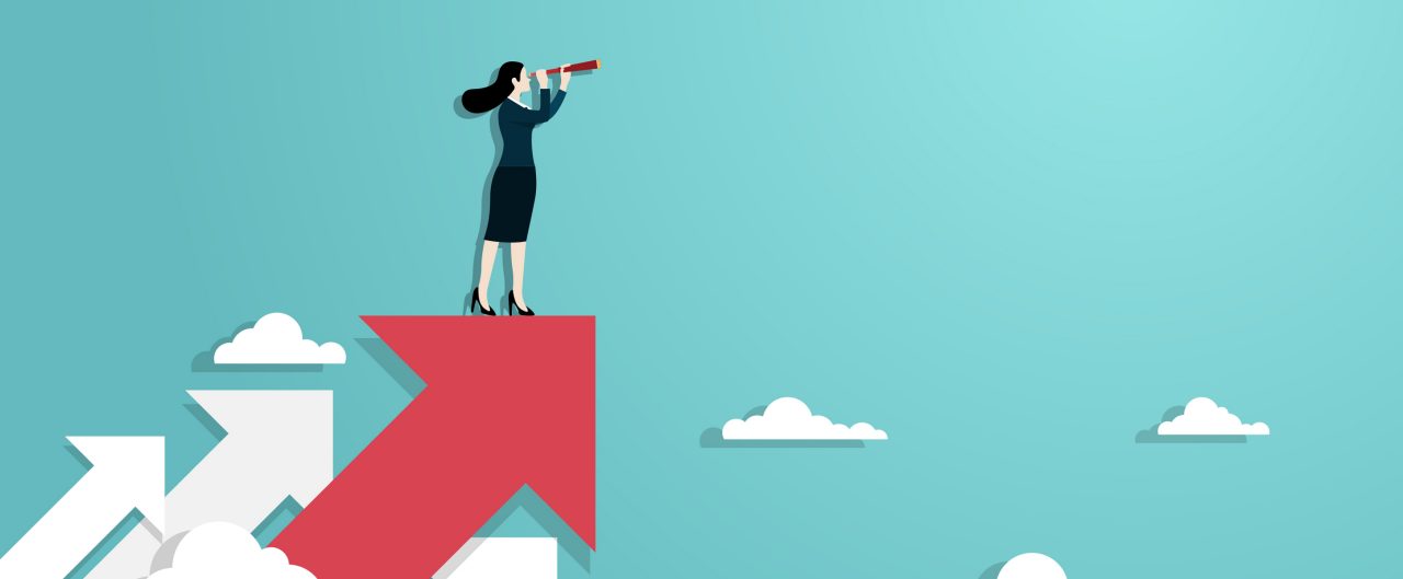 Business woman holding telescope standing on red up arrow to go up in  career. 