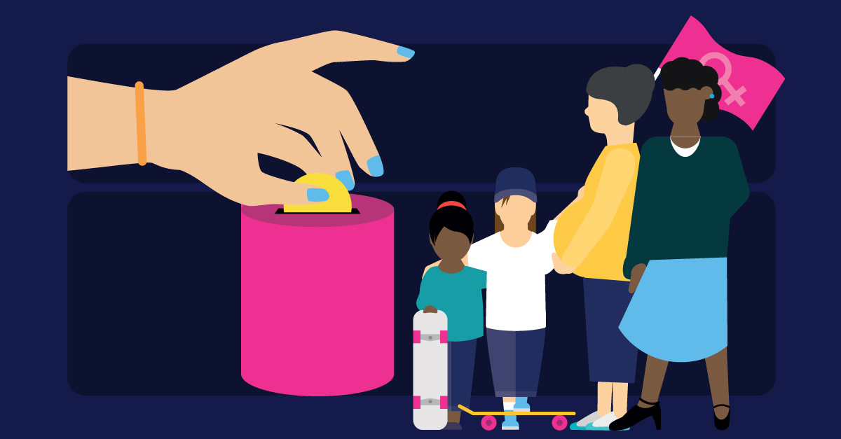 illustration of multigenarational women with a female hand donating money into a collection can.