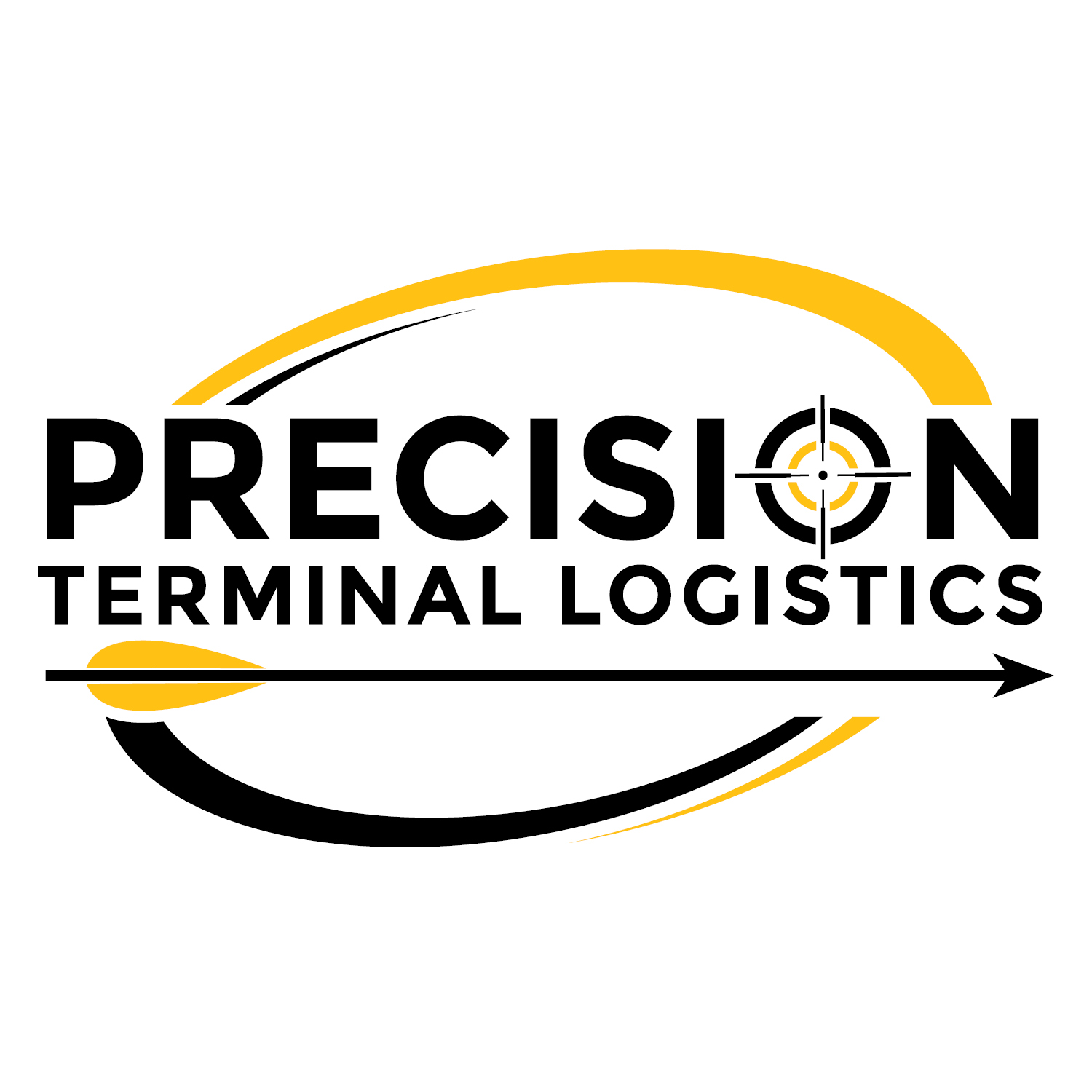 Precision Terminal Logistics logo written in black and yellow with the "O" in the shape of a target and arrow