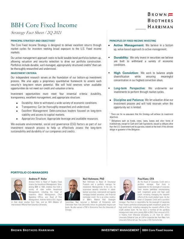 BBH Core Fixed Income Strategy Fact Sheet - Q2 2021