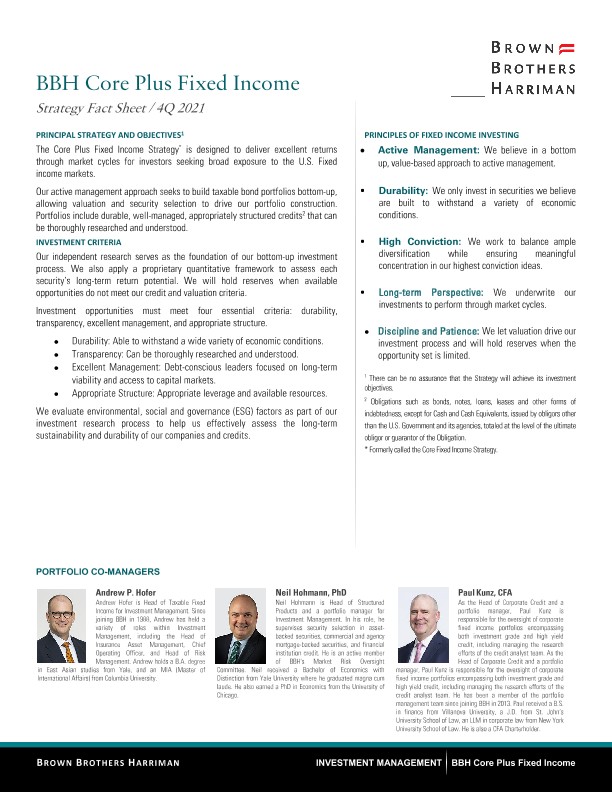 BBH Core Plus Fixed Income Strategy Fact Sheet - Q4 2021