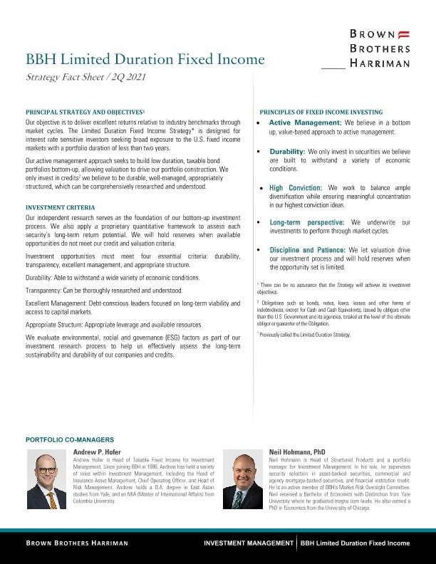BBH Limited Duration Fixed Income Strategy Fact Sheet - Q2 2021