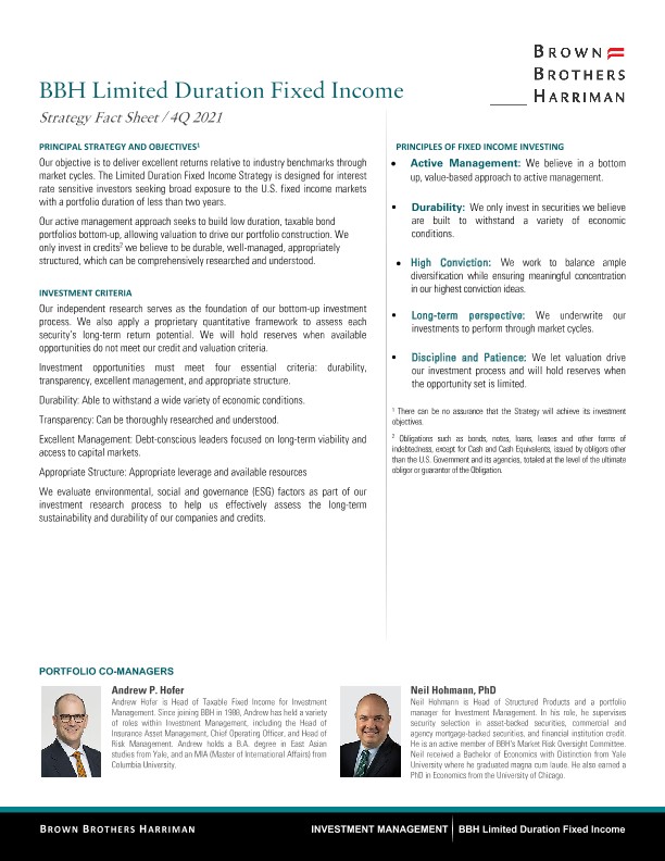 BBH Limited Duration Fixed Income Strategy Fact Sheet - Q4 2021