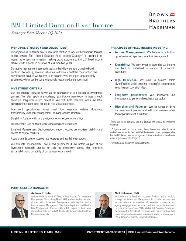 Microsoft Word - BBH Limited Duration Fixed Income Strategy Fact Sheet - Q1 2021