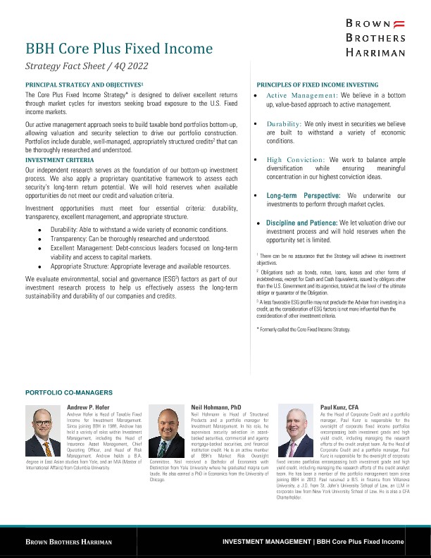 BBH Core Plus Fixed Income Strategy Fact Sheet - Q4 2022