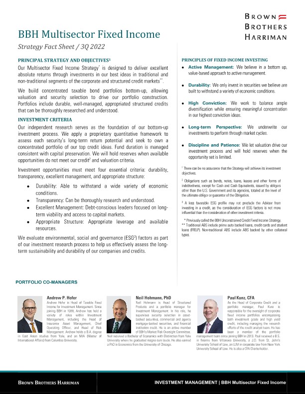 BBH Multisector Fixed Income Fact Sheet - Q3 2022