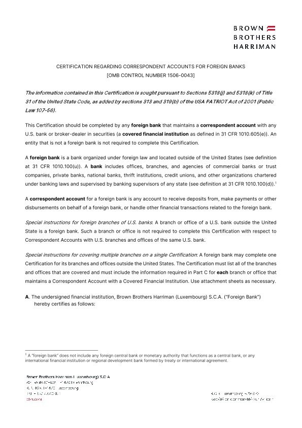 BBH Patriot Act Certification Regarding Correspondent Accounts for Foreign Banks Lux
