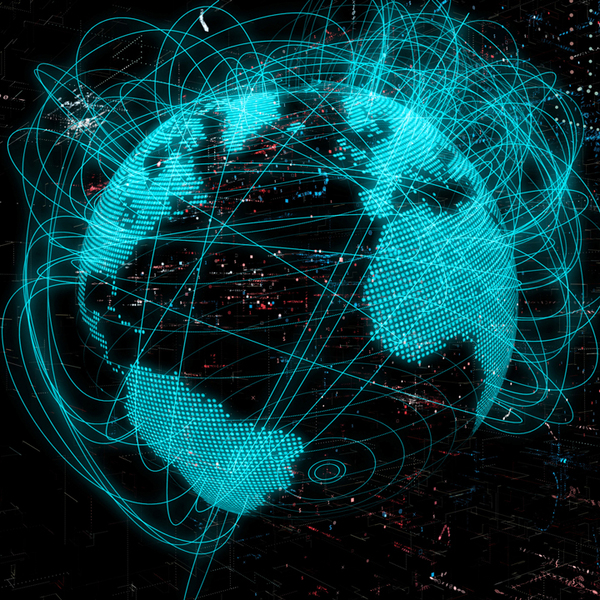 Blue and black globe with a glowing web of lines surrounding it
