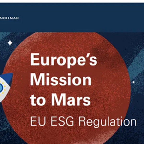 Planet Mars of brown moon with rocket going toward it with words europe's mission to mars eu esg regulation