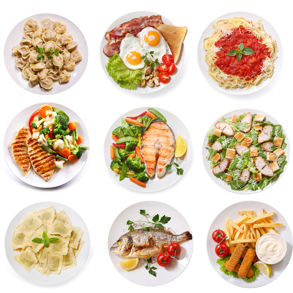 set of various plates of food isolated on white background, top view