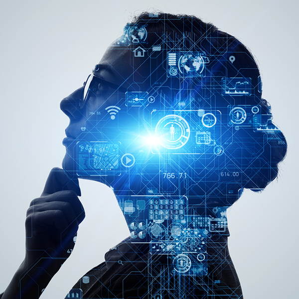Image of a business woman thinking with blue abstract graphics around her face
