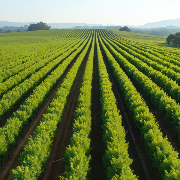 Rows of green macadamia trees stretch into distance on sunny day. 