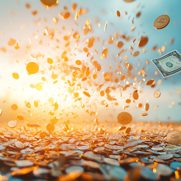 Pay day scene, coins and bills falling from the sky, money abundance, 3D illustration