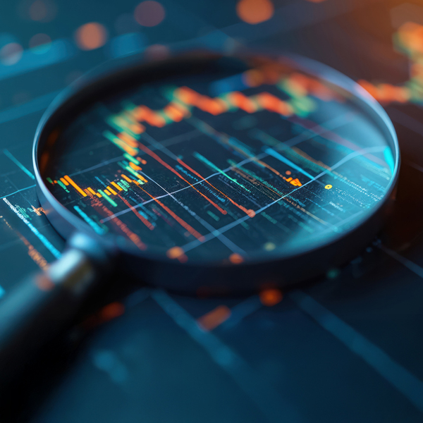 Magnifying glass examines financial graph, analysis of financial trends. Focus on investment, stock market data. Business growth numbers, economic forecast. Fintech innovations, trading strategies