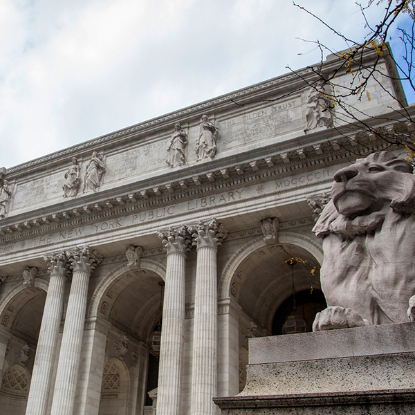 The New York Public Library entrance on the 5th avenue.