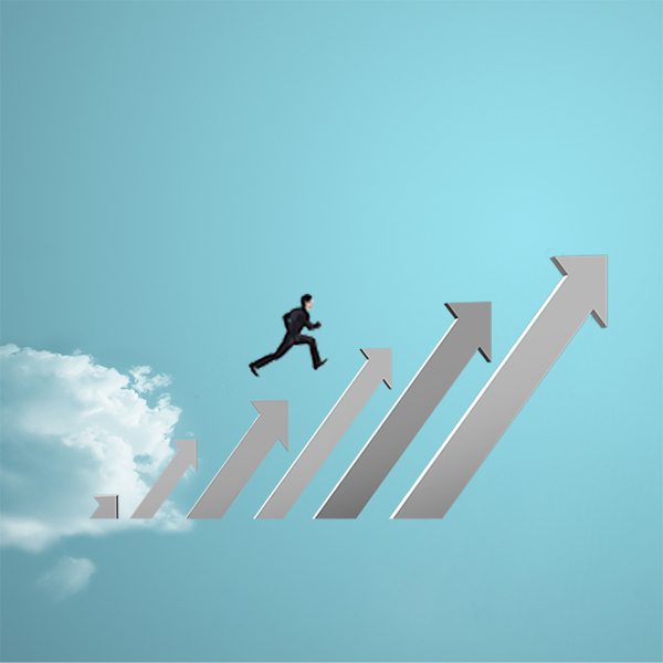 businessman jumping on growing chart with sky background
