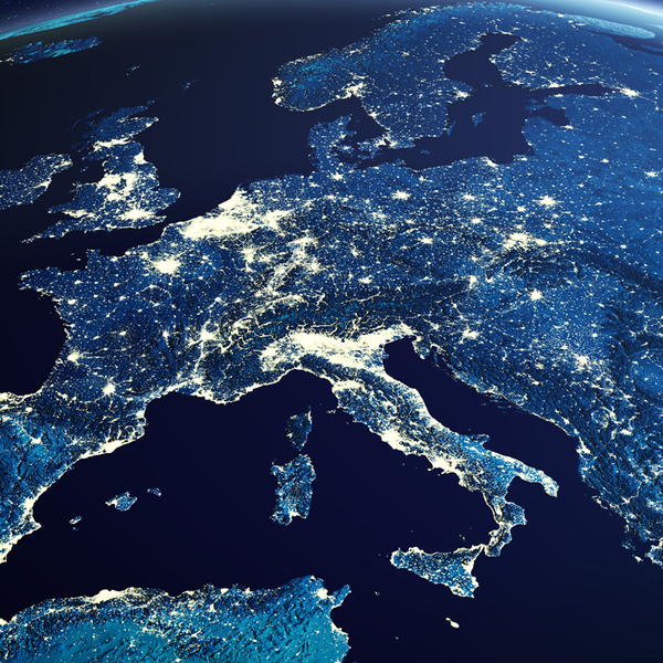 Europe from space at night with city lights showing European cities