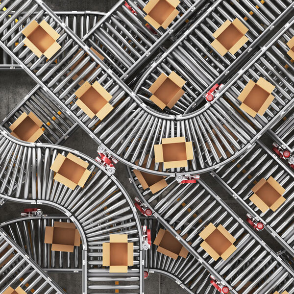 Conveyors with cardboard boxes on white background. 3d illustration