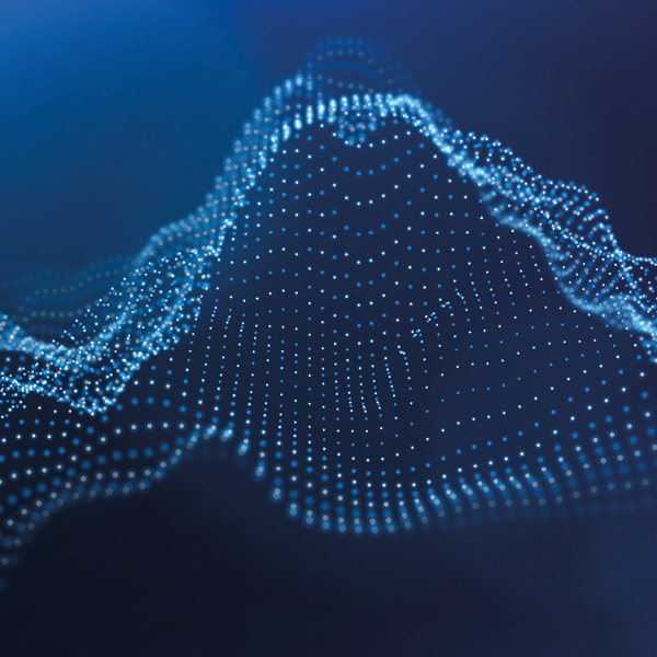 Dynamic blue particle wave. Abstract sound visualization. Flow digital structure. Mesh landscape or grid data technology