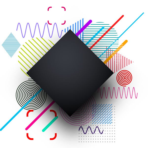 A black square in front of a colorful abstract background