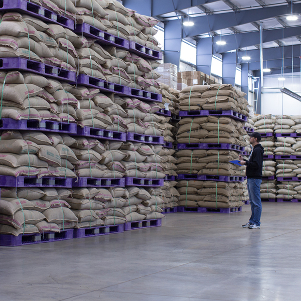 Bags of coffee in a warehouse