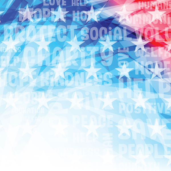 Red white and blue background with stars and the wrods "charity", "social", "protect", and "save"