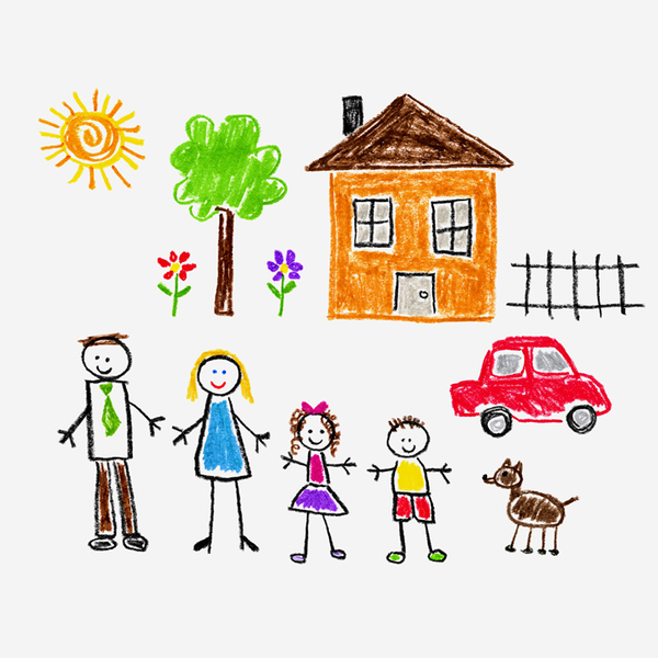 Children's style drawing of a family in front of a house