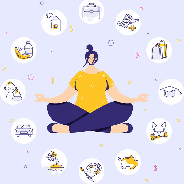 Woman sitting in yoga lotus pose and meditating. Human needs icons. Life balance concept. 