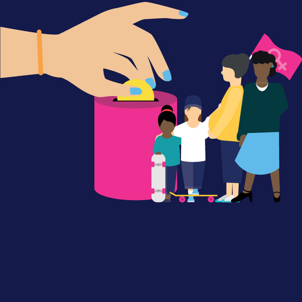 illustration of multigenarational women with a female hand donating money into a collection can.