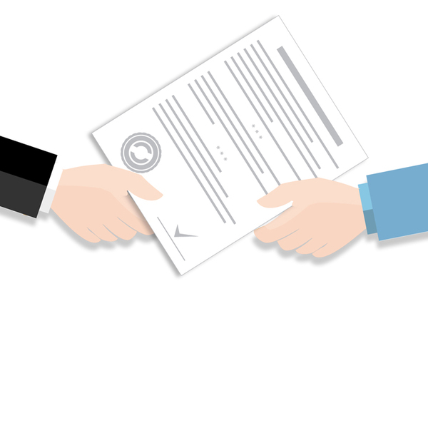 Two hands passing a legal document.