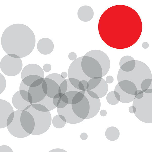 Series of gray bubbles with one large red circle.