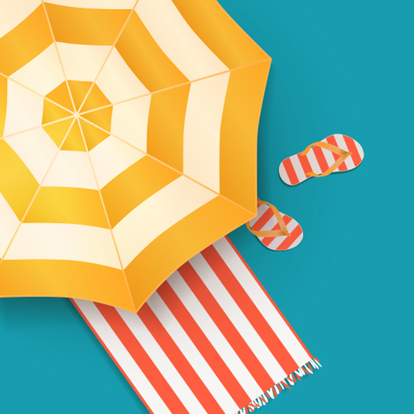 Illustration of beach umbrella, towel and flip fops.