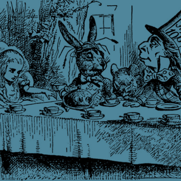Alice in wonderland dinner party scene, showing Alice, the Hare, and the Mad Hatter