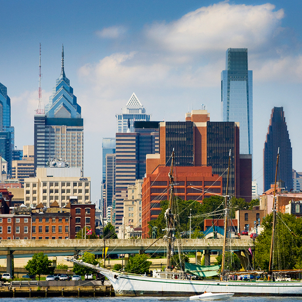 Philadelphia skyline with ship in the water