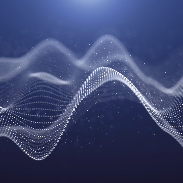 Illustration of futuristic abstract background, particle shape of waves white color on dark blue background