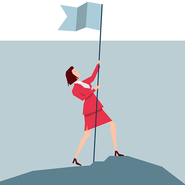 Cartoon woman in pink suit standing at the top of a mountain waving a flag 