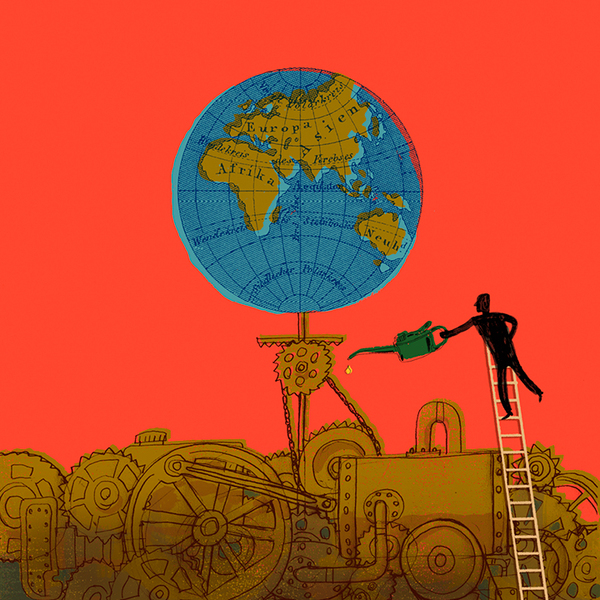 Illustration of a man on a ladder greasing a machine turning a globe of the earth